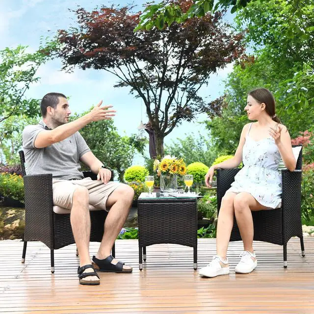 Alt view image 2 of 6 - Patio Furniture Set 3 Piece, Outdoor Wicker Rattan Conversation Set with Coffee Table, Chairs & Thick Cushions, Suitable for Patio Garden Lawn Backyard Pool (Off-White)