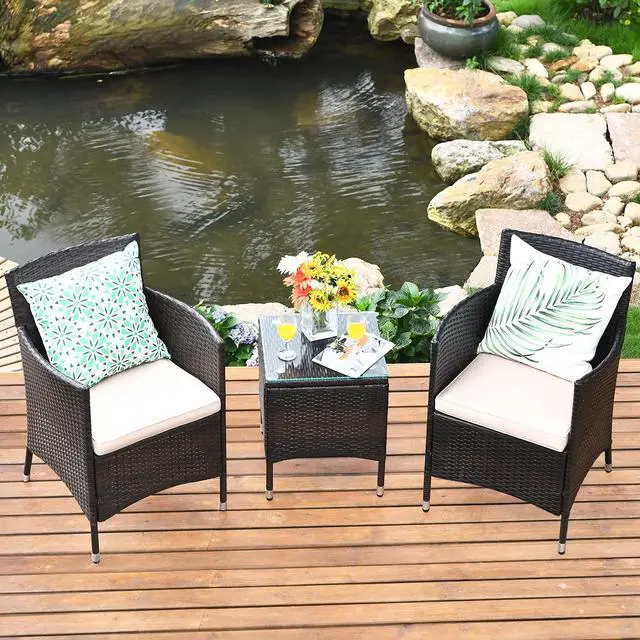 Alt view image 3 of 6 - Patio Furniture Set 3 Piece, Outdoor Wicker Rattan Conversation Set with Coffee Table, Chairs & Thick Cushions, Suitable for Patio Garden Lawn Backyard Pool (Off-White)