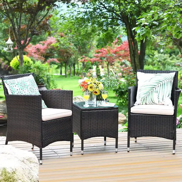 Alt view image 4 of 6 - Patio Furniture Set 3 Piece, Outdoor Wicker Rattan Conversation Set with Coffee Table, Chairs & Thick Cushions, Suitable for Patio Garden Lawn Backyard Pool (Off-White)