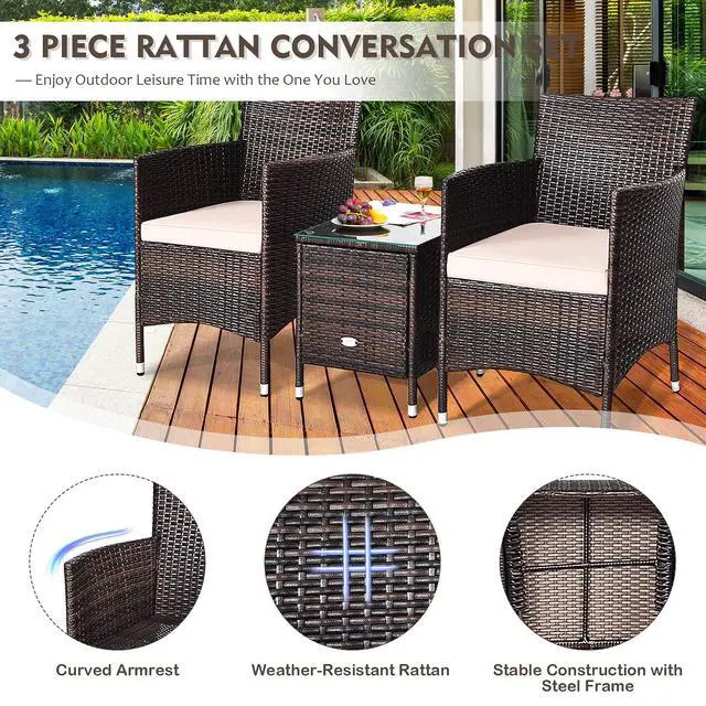 Alt view image 6 of 6 - Patio Furniture Set 3 Piece, Outdoor Wicker Rattan Conversation Set with Coffee Table, Chairs & Thick Cushions, Suitable for Patio Garden Lawn Backyard Pool (Off-White)
