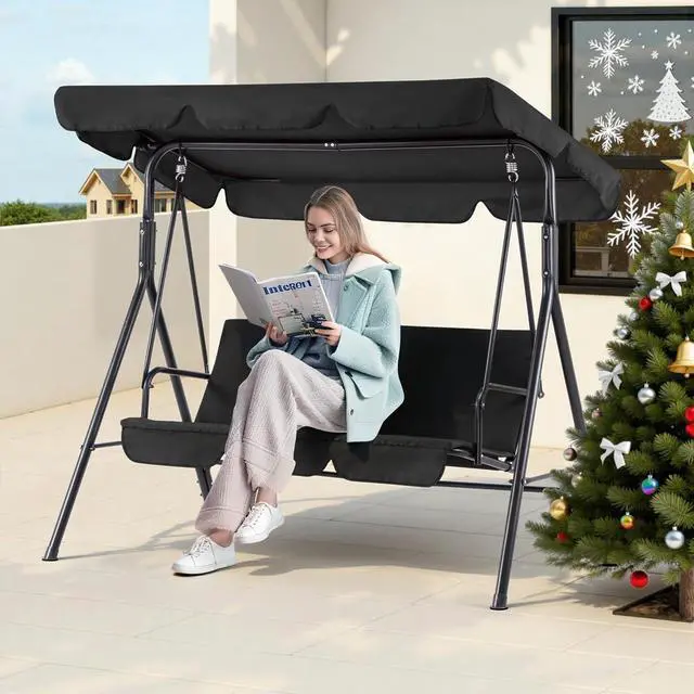 Alt view image 2 of 6 - 2-3 Person Outdoor Patio Swing Chair, Convertible Canopy Hanging Swing Glider Lounge Chair, Removable Cushions, 4003 (Black)