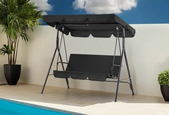 Alt view image 3 of 6 - 2-3 Person Outdoor Patio Swing Chair, Convertible Canopy Hanging Swing Glider Lounge Chair, Removable Cushions, 4003 (Black)