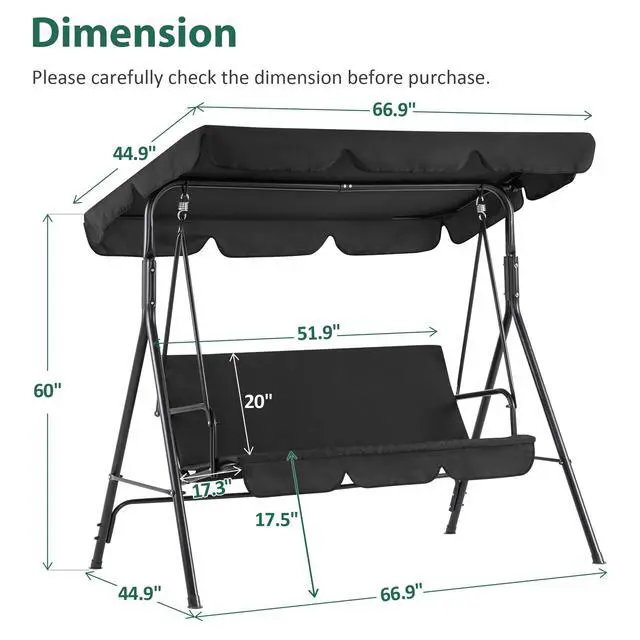 Alt view image 4 of 6 - 2-3 Person Outdoor Patio Swing Chair, Convertible Canopy Hanging Swing Glider Lounge Chair, Removable Cushions, 4003 (Black)