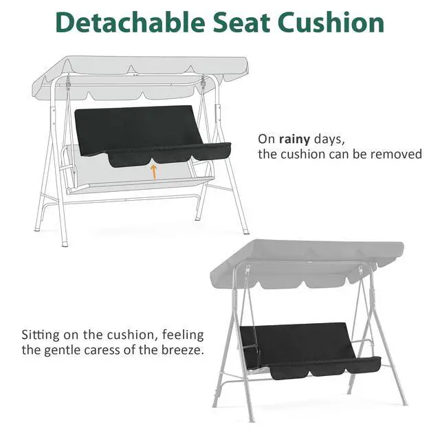 Alt view image 5 of 6 - 2-3 Person Outdoor Patio Swing Chair, Convertible Canopy Hanging Swing Glider Lounge Chair, Removable Cushions, 4003 (Black)
