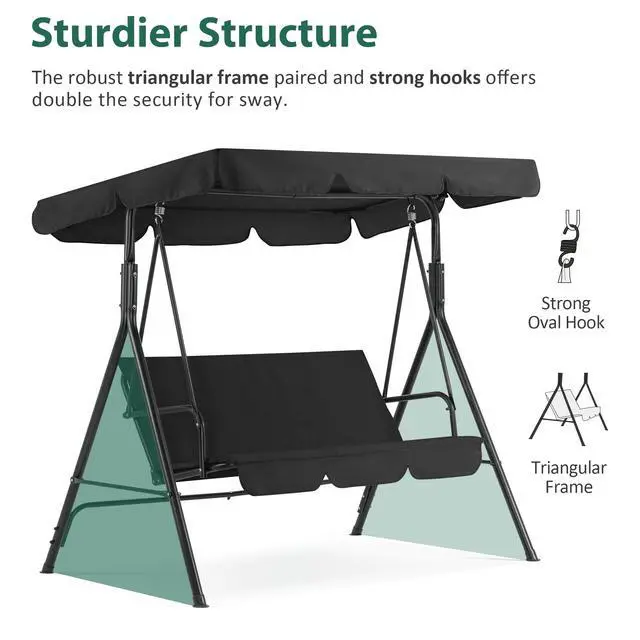 Alt view image 6 of 6 - 2-3 Person Outdoor Patio Swing Chair, Convertible Canopy Hanging Swing Glider Lounge Chair, Removable Cushions, 4003 (Black)