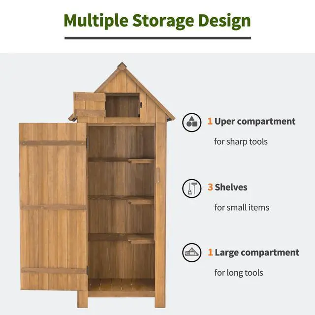 Alt view image 4 of 6 - Outdoor Storage Cabinet with Shelves, Wooden Outside Storage Shed with Floor, Garden Tool Shed for Patio Yard Lawn, 0770 (Natural)