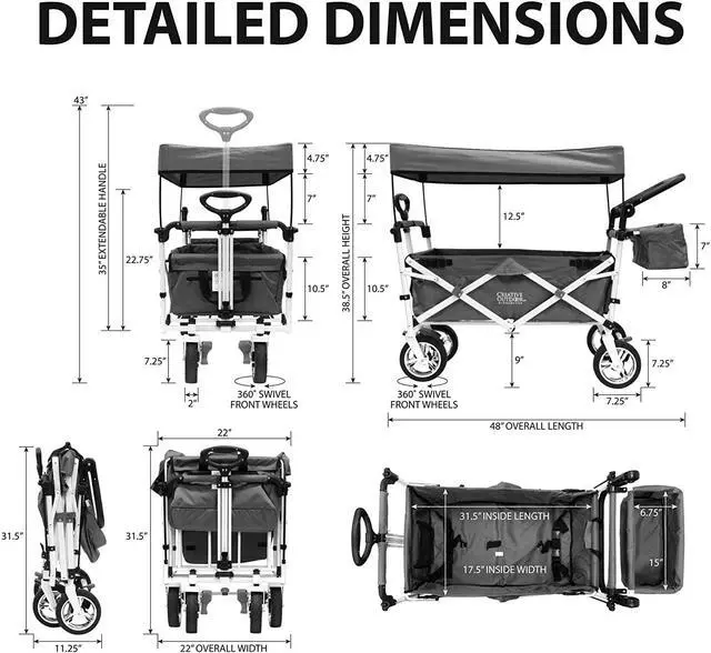 Alt view image 6 of 6 - Push and Pull Double Stroller with Removable Canopy and Seat Belt Harnesses Collapsible Folding Garden Cart, Adjstable Handle, Beach Wagon