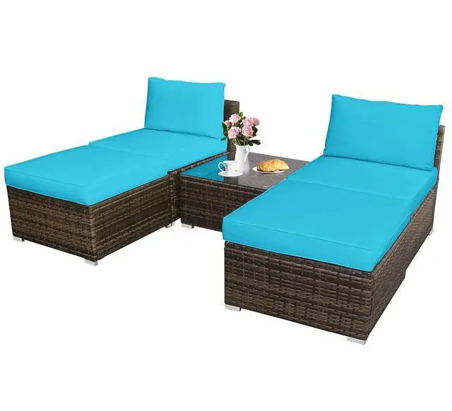 Main image of 5 Piece Wicker Lounge Chair Set, with Tempered Glass Coffee Table, Outdoor Conversation Sets w/Washable Zippered Cushions, Includes 2 Armless Sofas, 2 Ottomans and 1 Side Table (Turquoise)