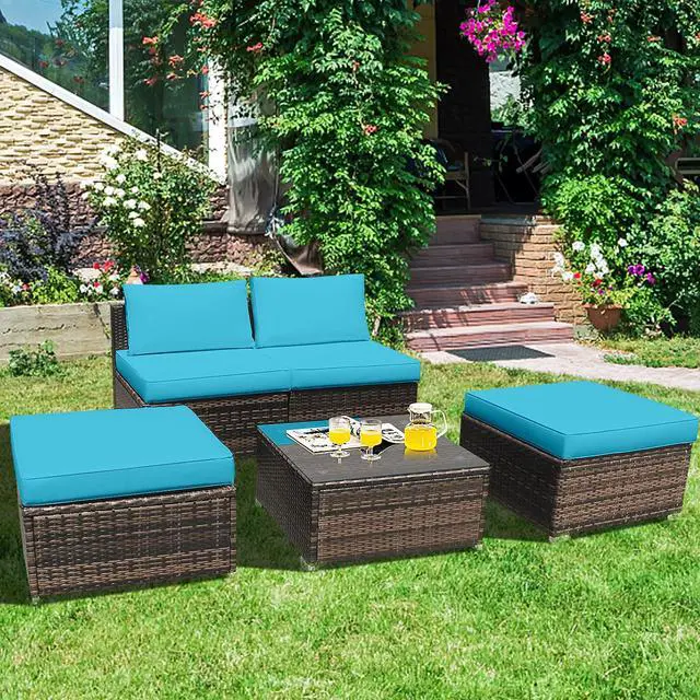 Alt view image 2 of 6 - 5 Piece Wicker Lounge Chair Set, with Tempered Glass Coffee Table, Outdoor Conversation Sets w/Washable Zippered Cushions, Includes 2 Armless Sofas, 2 Ottomans and 1 Side Table (Turquoise)