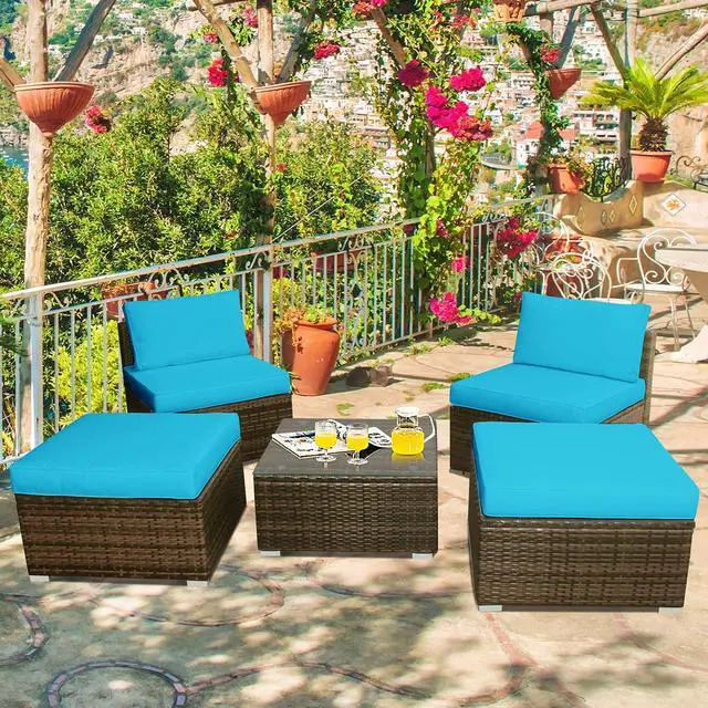 Alt view image 3 of 6 - 5 Piece Wicker Lounge Chair Set, with Tempered Glass Coffee Table, Outdoor Conversation Sets w/Washable Zippered Cushions, Includes 2 Armless Sofas, 2 Ottomans and 1 Side Table (Turquoise)