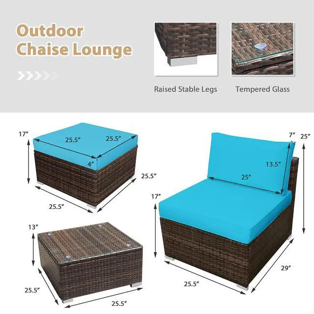 Alt view image 4 of 6 - 5 Piece Wicker Lounge Chair Set, with Tempered Glass Coffee Table, Outdoor Conversation Sets w/Washable Zippered Cushions, Includes 2 Armless Sofas, 2 Ottomans and 1 Side Table (Turquoise)