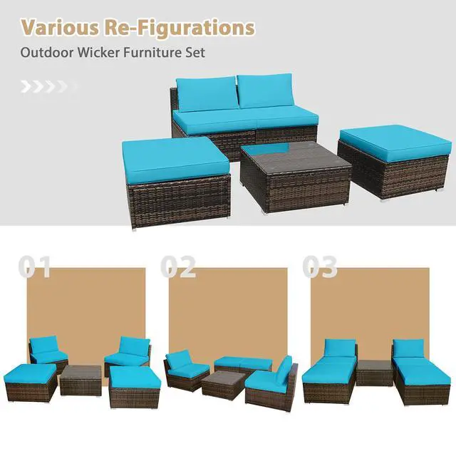 Alt view image 5 of 6 - 5 Piece Wicker Lounge Chair Set, with Tempered Glass Coffee Table, Outdoor Conversation Sets w/Washable Zippered Cushions, Includes 2 Armless Sofas, 2 Ottomans and 1 Side Table (Turquoise)