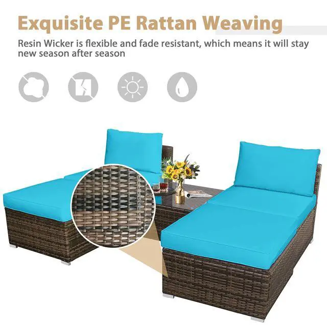 Alt view image 6 of 6 - 5 Piece Wicker Lounge Chair Set, with Tempered Glass Coffee Table, Outdoor Conversation Sets w/Washable Zippered Cushions, Includes 2 Armless Sofas, 2 Ottomans and 1 Side Table (Turquoise)