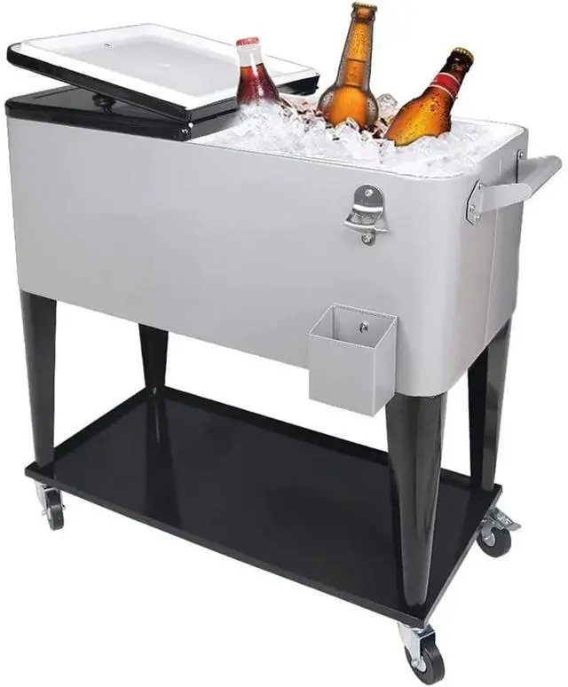 Main image of 80 Quart Outdoor Patio Cooler on Wheels,Portable Beverage Rolling Cooler Cart for Backyard Deck, Ice Chest with Shelf, Water Pipe and Bottle Opener