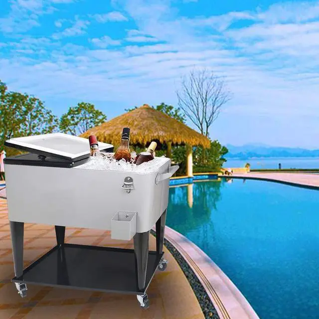 Alt view image 2 of 6 - 80 Quart Outdoor Patio Cooler on Wheels,Portable Beverage Rolling Cooler Cart for Backyard Deck, Ice Chest with Shelf, Water Pipe and Bottle Opener