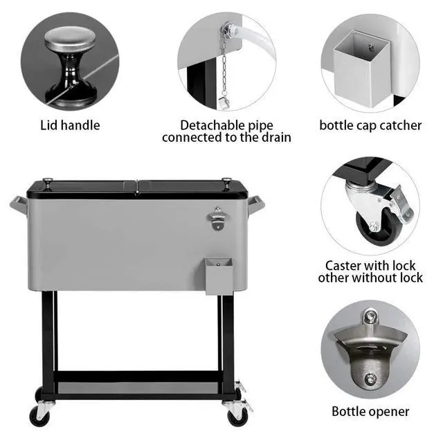 Alt view image 3 of 6 - 80 Quart Outdoor Patio Cooler on Wheels,Portable Beverage Rolling Cooler Cart for Backyard Deck, Ice Chest with Shelf, Water Pipe and Bottle Opener