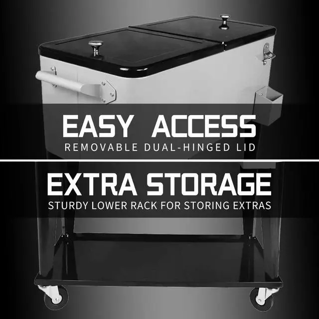 Alt view image 4 of 6 - 80 Quart Outdoor Patio Cooler on Wheels,Portable Beverage Rolling Cooler Cart for Backyard Deck, Ice Chest with Shelf, Water Pipe and Bottle Opener