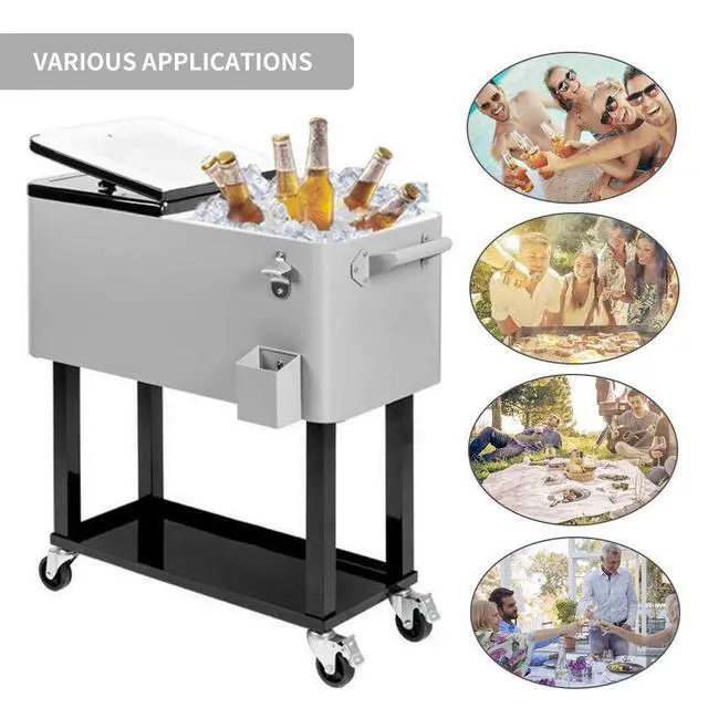 Alt view image 5 of 6 - 80 Quart Outdoor Patio Cooler on Wheels,Portable Beverage Rolling Cooler Cart for Backyard Deck, Ice Chest with Shelf, Water Pipe and Bottle Opener