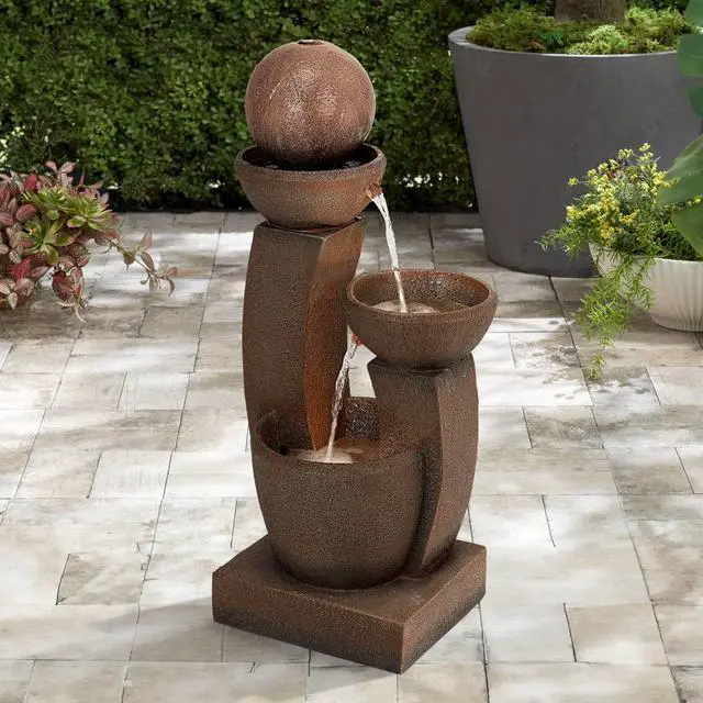 Alt view image 2 of 6 - Curved Columns 31" High Large Modern Zen Indoor Outdoor Decor Faux Stone Floor Fountain with Light LED Standing Waterfall Bowl Water Feature for Outside Garden Patio Yard Backyard
