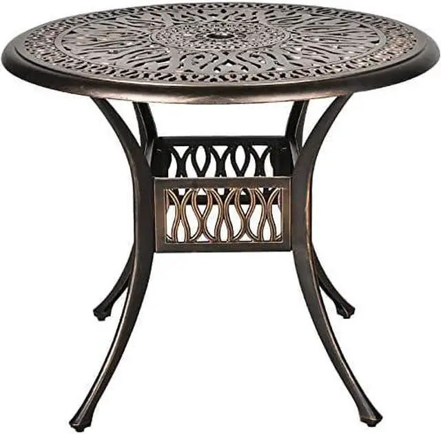 Main image of 35.4" Round Cast Aluminum Patio Bistro Table, Outdoor Dining Table with 2 Umbrella Hole, Outdoor Side Table for Porch, Backyard, Garden, Balcony