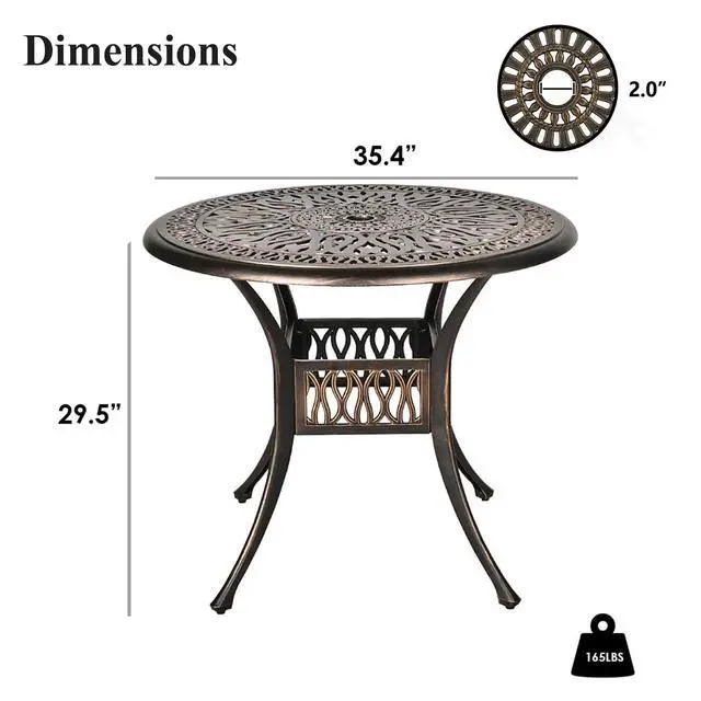 Alt view image 2 of 6 - 35.4" Round Cast Aluminum Patio Bistro Table, Outdoor Dining Table with 2 Umbrella Hole, Outdoor Side Table for Porch, Backyard, Garden, Balcony