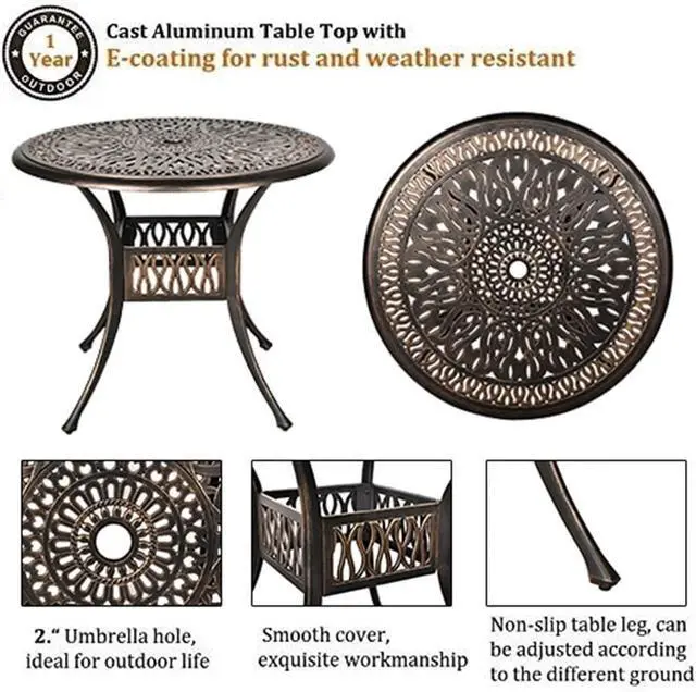 Alt view image 3 of 6 - 35.4" Round Cast Aluminum Patio Bistro Table, Outdoor Dining Table with 2 Umbrella Hole, Outdoor Side Table for Porch, Backyard, Garden, Balcony