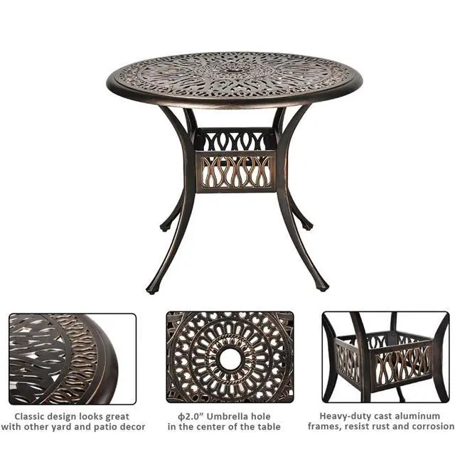 Alt view image 5 of 6 - 35.4" Round Cast Aluminum Patio Bistro Table, Outdoor Dining Table with 2 Umbrella Hole, Outdoor Side Table for Porch, Backyard, Garden, Balcony