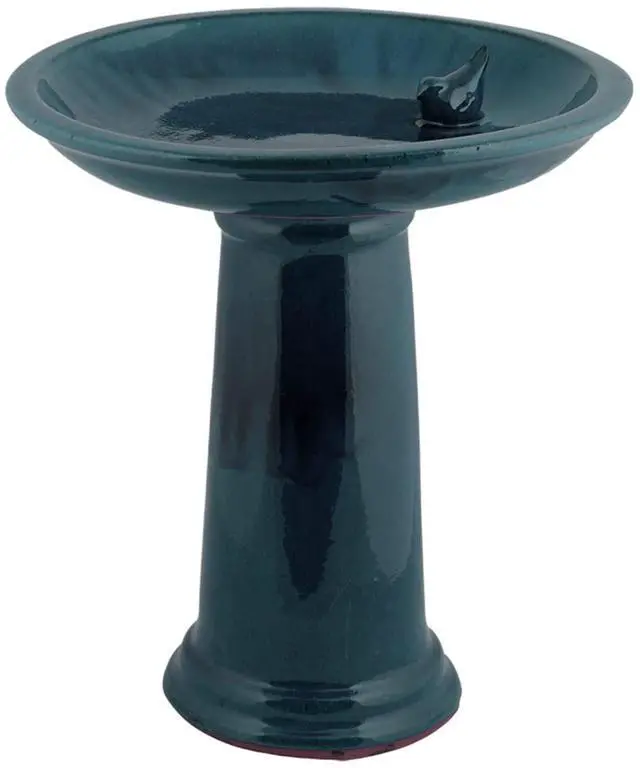 Main image of Bird Bath on Pedestal W/Bird, Ceramic, Blue