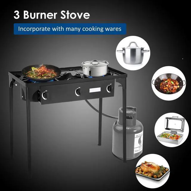 Alt view image 2 of 6 - 3 Burner Propane Stove, High Pressure Gas Camp Stove w/Detachable Legs, 100,000 BTU Output, 0-20 PSI Regulator, Portable Three Burners for Outdoor Camping Picnic