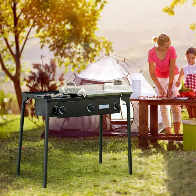 Alt view image 3 of 6 - 3 Burner Propane Stove, High Pressure Gas Camp Stove w/Detachable Legs, 100,000 BTU Output, 0-20 PSI Regulator, Portable Three Burners for Outdoor Camping Picnic