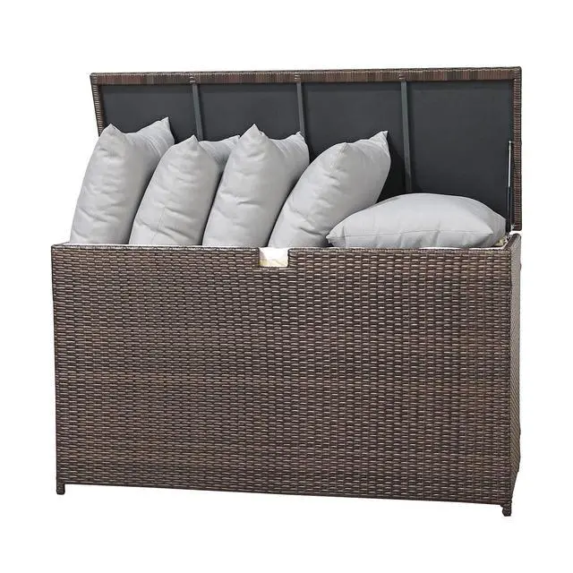 Main image of Outdoor Wicker Storage Box Patio Aluminum Frame Espresso Brown Wicker Cushion Storage Bin Deck Box, 120 Gallon