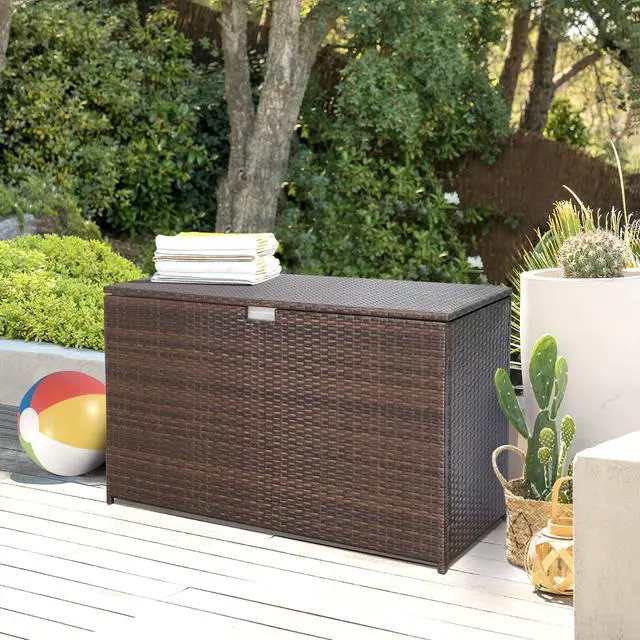 Alt view image 2 of 6 - Outdoor Wicker Storage Box Patio Aluminum Frame Espresso Brown Wicker Cushion Storage Bin Deck Box, 120 Gallon