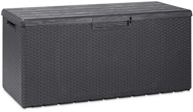 Main image of Portofino Large 90 Gallon Plastic Outdoor Storage Backyard Deck Box, with Lockable Lid, Seat Weight Capacity 450 Pounds, Gray