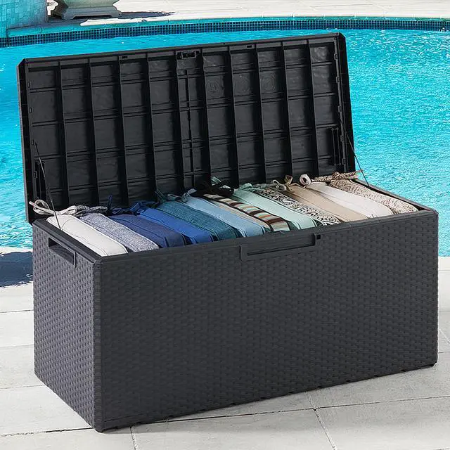 Alt view image 4 of 6 - Portofino Large 90 Gallon Plastic Outdoor Storage Backyard Deck Box, with Lockable Lid, Seat Weight Capacity 450 Pounds, Gray