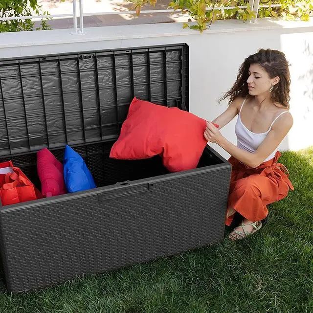 Alt view image 6 of 6 - Portofino Large 90 Gallon Plastic Outdoor Storage Backyard Deck Box, with Lockable Lid, Seat Weight Capacity 450 Pounds, Gray