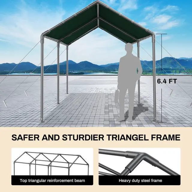 Alt view image 6 of 6 - Carport 10x20 Ft Heavy Duty Canopy Steel Canopy Storage Shed,Portable Party Tent,Portable Garage All-Season Tarp for Carport Floor Fixing Green