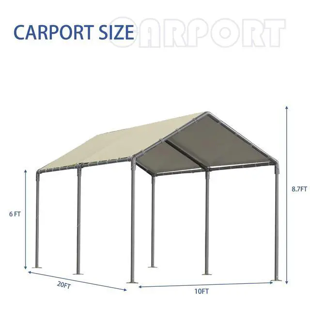 Alt view image 2 of 6 - Carport 10x20 Ft Heavy Duty Canopy Steel Canopy Storage Shed,Portable Party Tent,Portable Garage All-Season Tarp for Carport Floor Fixing Beige