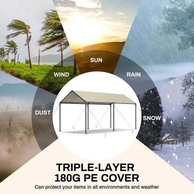 Alt view image 3 of 6 - Carport 10x20 Ft Heavy Duty Canopy Steel Canopy Storage Shed,Portable Party Tent,Portable Garage All-Season Tarp for Carport Floor Fixing Beige
