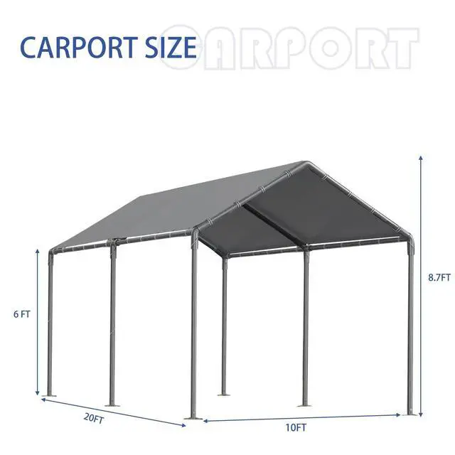 Alt view image 2 of 6 - Carport 10x20 Ft Heavy Duty Canopy Steel Canopy Storage Shed,Portable Garage Party Tent,Portable Garage All-Season Tarp for Carport Grey