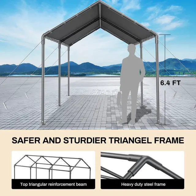 Alt view image 6 of 6 - Carport 10x20 Ft Heavy Duty Canopy Steel Canopy Storage Shed,Portable Garage Party Tent,Portable Garage All-Season Tarp for Carport Grey