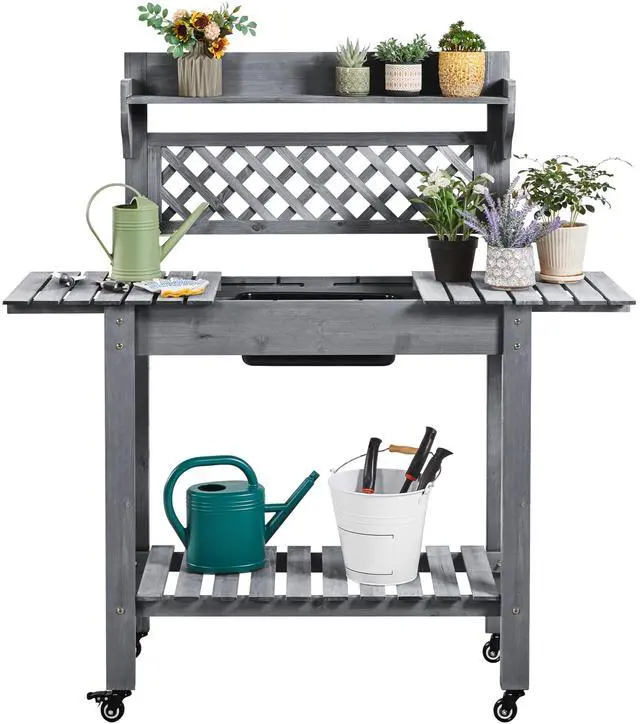 Main image of Potting Bench Table Outdoor Garden Potting Table Wooden Workstation w/Sliding Tabletop Removable Sink w/Storage Shelf Flower Pot Bench Mobile Garden Potting Bench Gray
