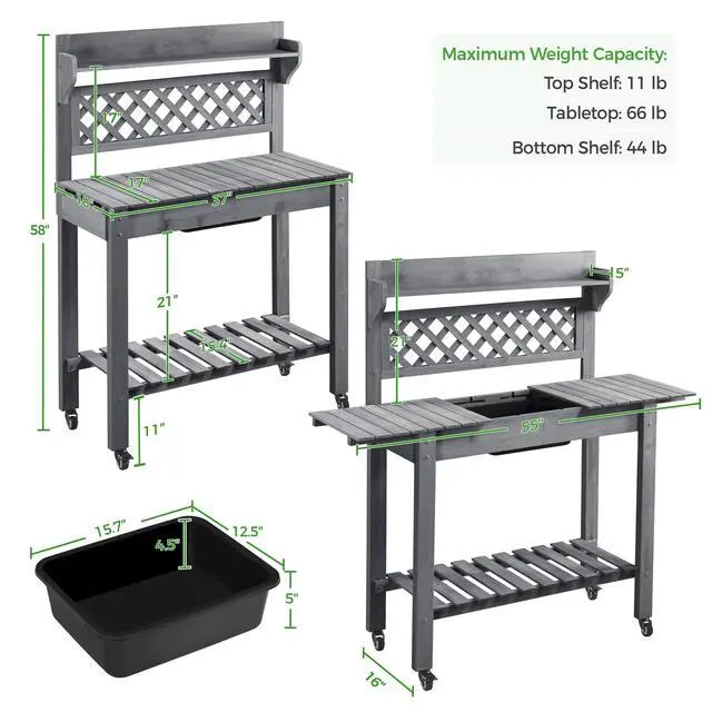 Alt view image 2 of 6 - Potting Bench Table Outdoor Garden Potting Table Wooden Workstation w/Sliding Tabletop Removable Sink w/Storage Shelf Flower Pot Bench Mobile Garden Potting Bench Gray