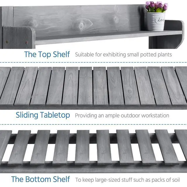 Alt view image 3 of 6 - Potting Bench Table Outdoor Garden Potting Table Wooden Workstation w/Sliding Tabletop Removable Sink w/Storage Shelf Flower Pot Bench Mobile Garden Potting Bench Gray