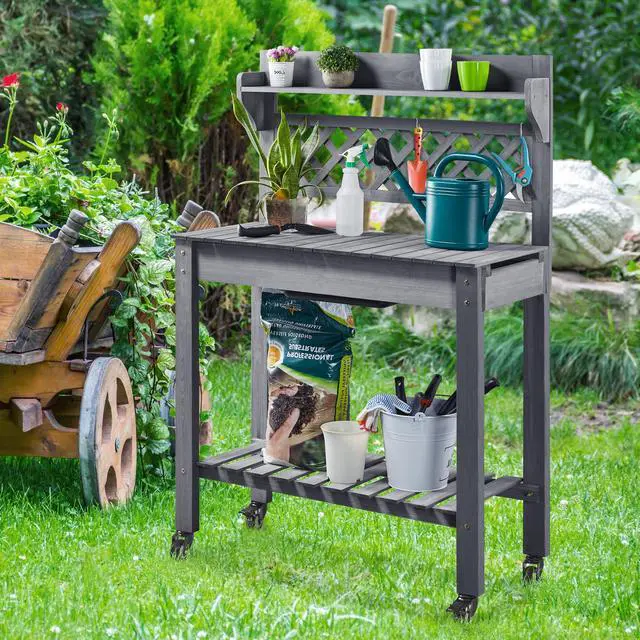 Alt view image 4 of 6 - Potting Bench Table Outdoor Garden Potting Table Wooden Workstation w/Sliding Tabletop Removable Sink w/Storage Shelf Flower Pot Bench Mobile Garden Potting Bench Gray