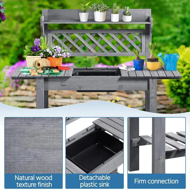 Alt view image 5 of 6 - Potting Bench Table Outdoor Garden Potting Table Wooden Workstation w/Sliding Tabletop Removable Sink w/Storage Shelf Flower Pot Bench Mobile Garden Potting Bench Gray