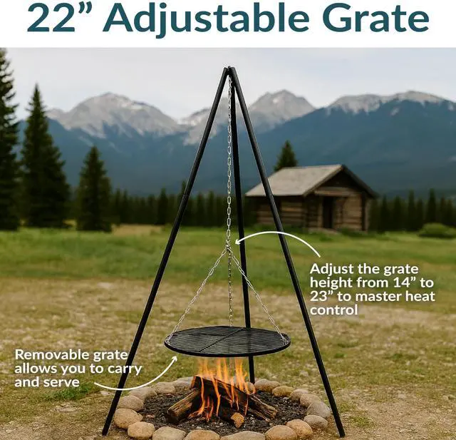 Alt view image 3 of 6 - Campfire Tripod for Cooking - Adjustable Camping Tripod Grill - Portable Over the Fire Camping Grill for Outdoor Cooking - 22-Inch Grate
