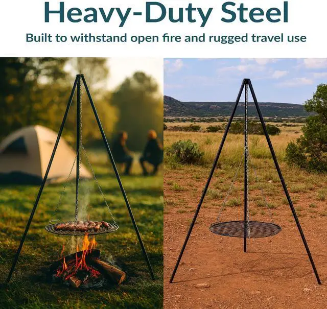 Alt view image 5 of 6 - Campfire Tripod for Cooking - Adjustable Camping Tripod Grill - Portable Over the Fire Camping Grill for Outdoor Cooking - 22-Inch Grate