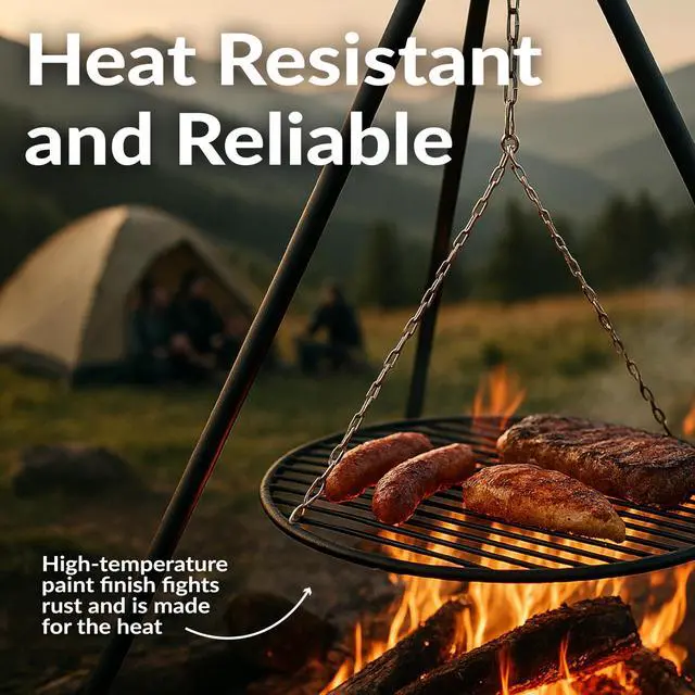Alt view image 6 of 6 - Campfire Tripod for Cooking - Adjustable Camping Tripod Grill - Portable Over the Fire Camping Grill for Outdoor Cooking - 22-Inch Grate