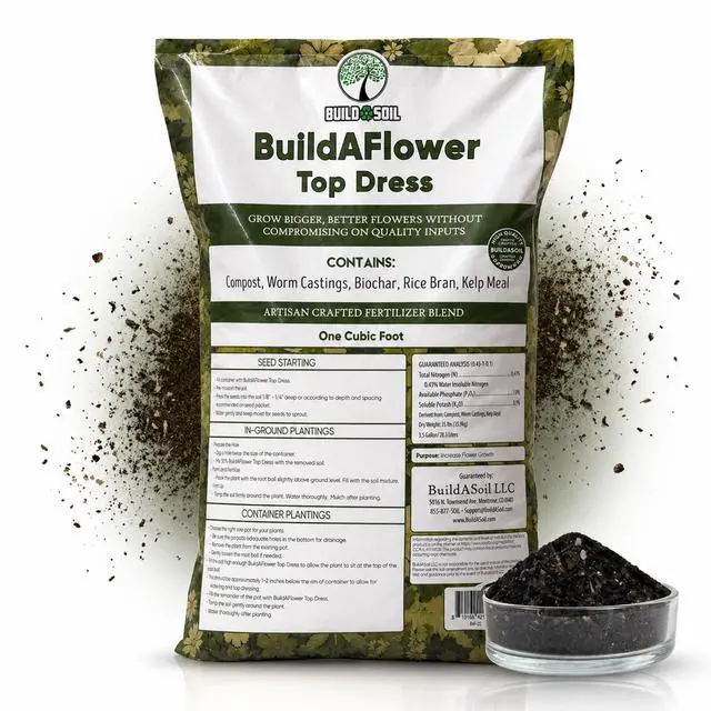 Main image of BuildASoil Build-A-Flower - Organic Top Soil Amendment Top Dress Kit for Flowering Plants | Compost, Phosphorus & Potassium | 1 Cubic Foot Bag of Soil