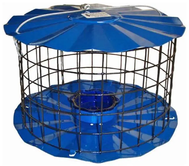 Main image of Starling-Proof Barrier Guard Bluebird Feeder with Glass Mealworm Cup - Premium Blue Powdercoat Finish - Made in USA (BBF1)
